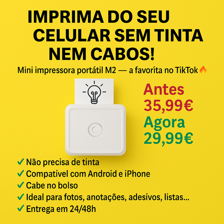Mini Impressora Térmica Portátil M2 Imprima a partir do seu telemóvel sem utilizar tinta.