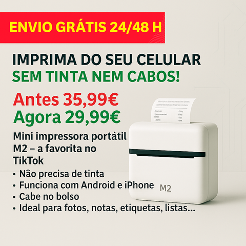 Mini Impressora Térmica Portátil M2 Imprima a partir do seu telemóvel sem utilizar tinta.